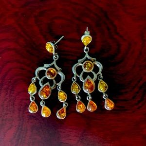 Amber and silver dangling earrings